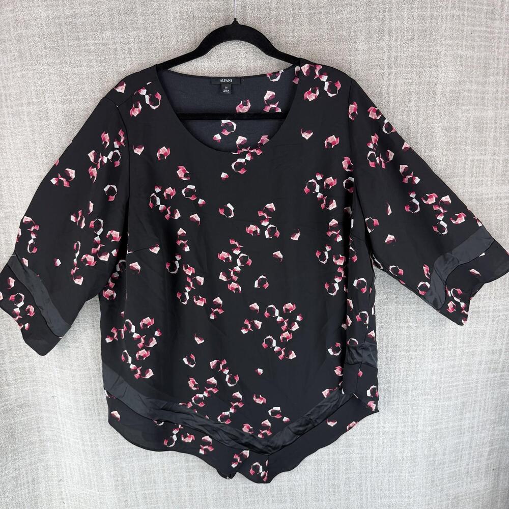 Alfani Blouse Womens 2X Black Kimono Hawaiian Floral Scoop Neck 3/4 Sleeve